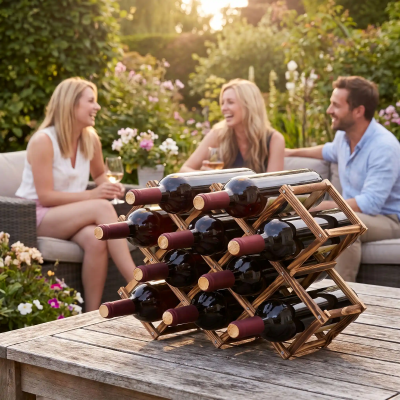 Porte bouteille bois 10 grilles sur une table de jardin trois personnes causant
