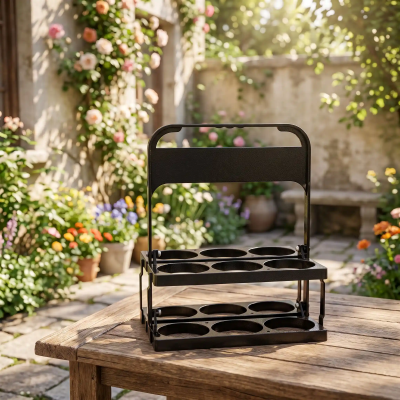 casier à bouteille vide posé sur une table dans une cour fleurie
