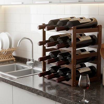 casier bouteille bois marron miel cuisine bien garni de 12 bouteilles