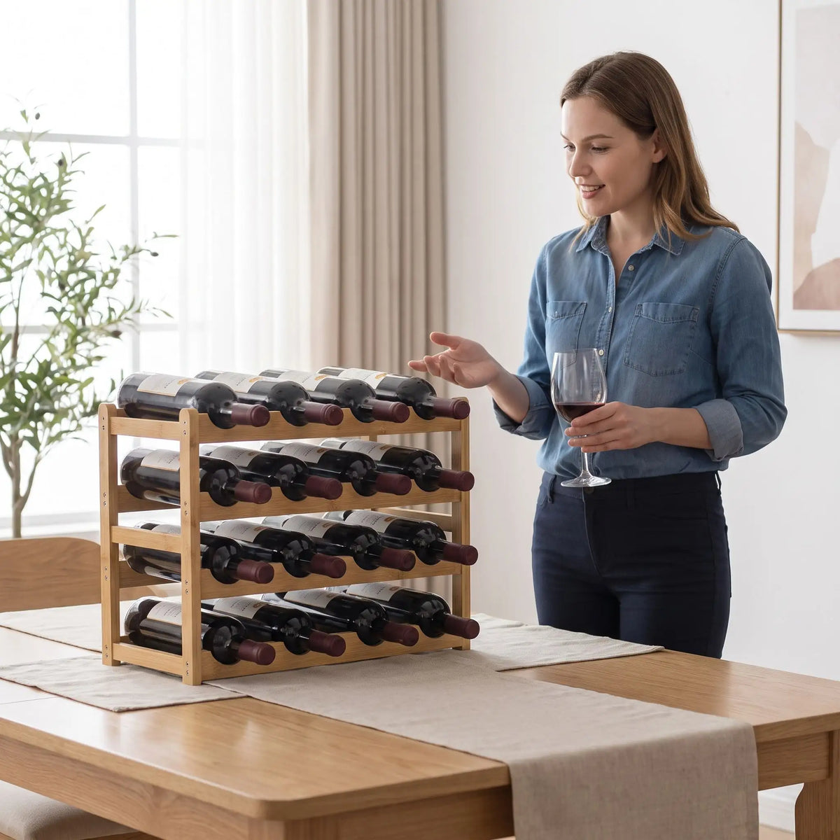 casier bouteille bois naturel jeune femme le présente