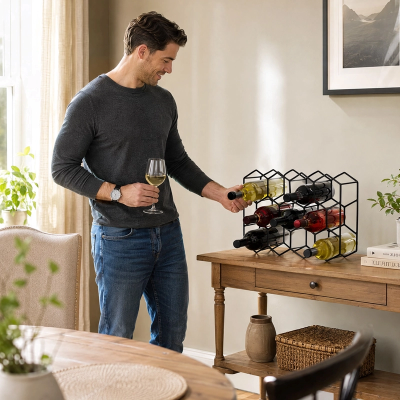 casier bouteille métal noir homme portant un verre avec du vin blanc