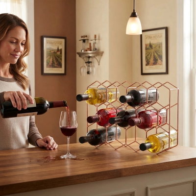 casier bouteille métal rose femme versant du vin rouge devant son comptoir cuisine