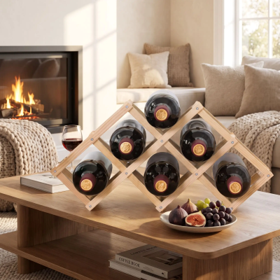 Porte bouteille bois 6 grilles posé sur une table de salon