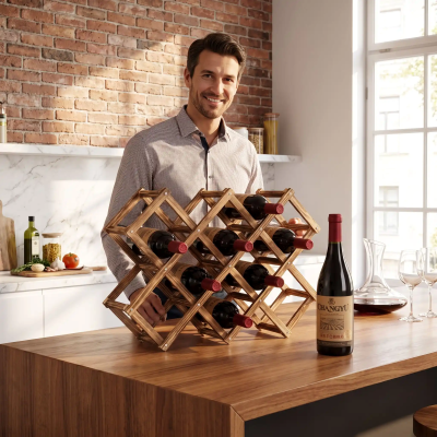 porte bouteille vin bois homme en présentation avec une bouteille à coté