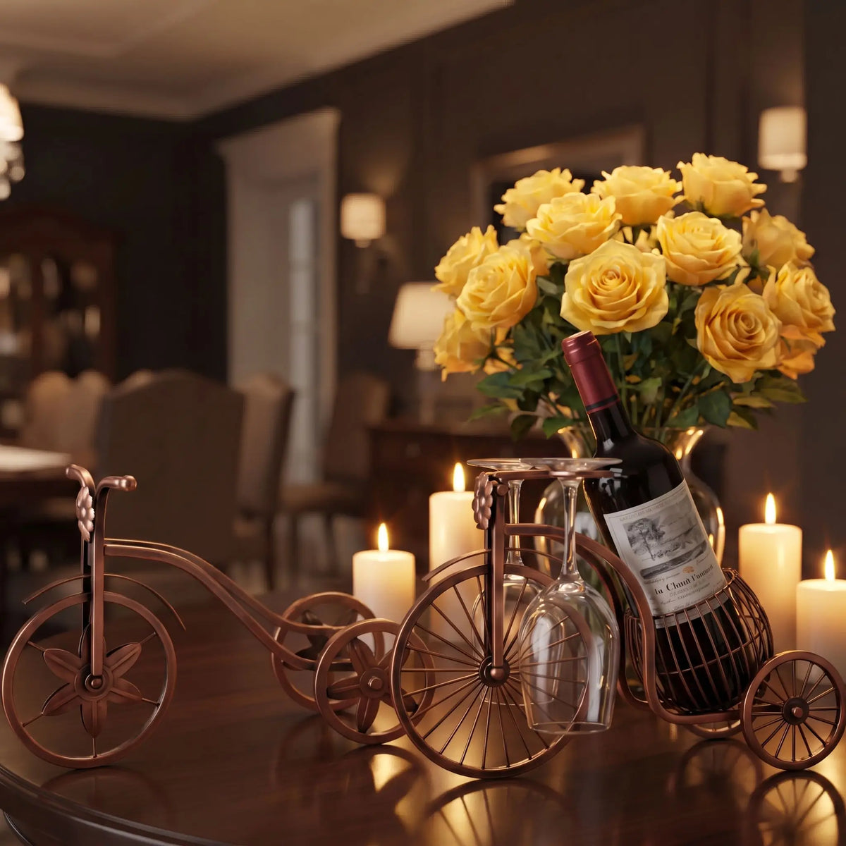 porte bouteille vin métal bronze déco table garni d'un vin rouge dans un décor fleuri