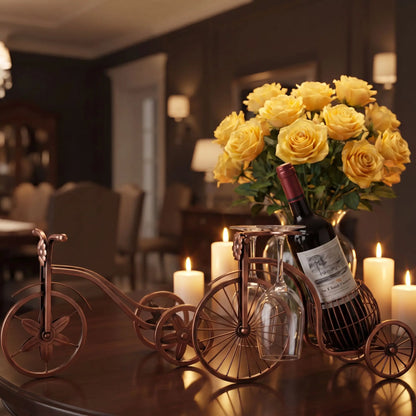 porte bouteille vin métal bronze déco table garni d'un vin rouge dans un décor fleuri