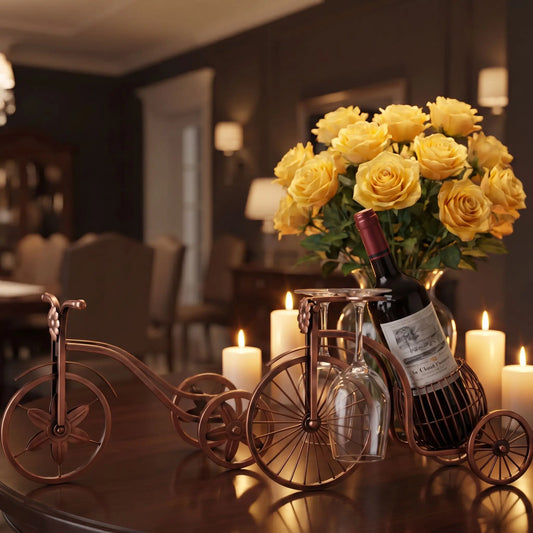porte bouteille vin métal bronze déco table garni d'un vin rouge dans un décor fleuri