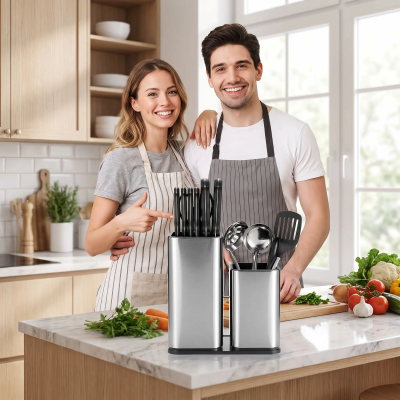 Porte couteaux cuisine présenté un couple heureux