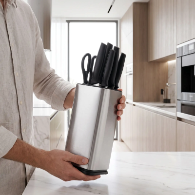 Porte couteaux cuisine entre les mains d'un homme debout devant le comptoir de cuisine