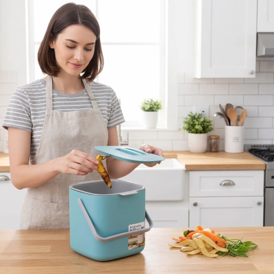 Poubelle cuisine bleue présentée par une femme portant un tablier