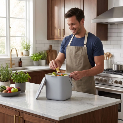 Poubelle cuisine grise est présentée par un homme tout sourire