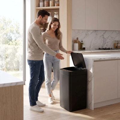 Poubelle de cuisine présentée par un jeu couple qui en apprécie les caractéristiques