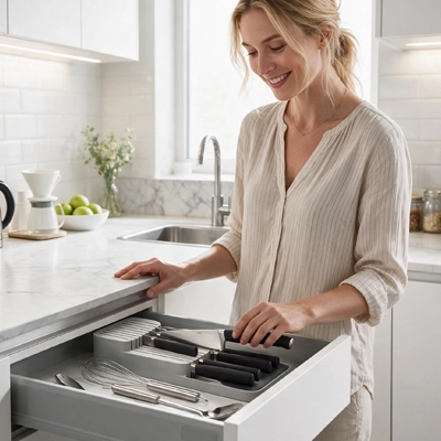 range couvert secutiroir cuisine femme debout devant le tiroir remet en place un couteau