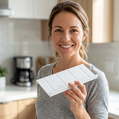 Rangement épices tiroirs  femme montrant 2 pièces d'étiquettes bouteilles